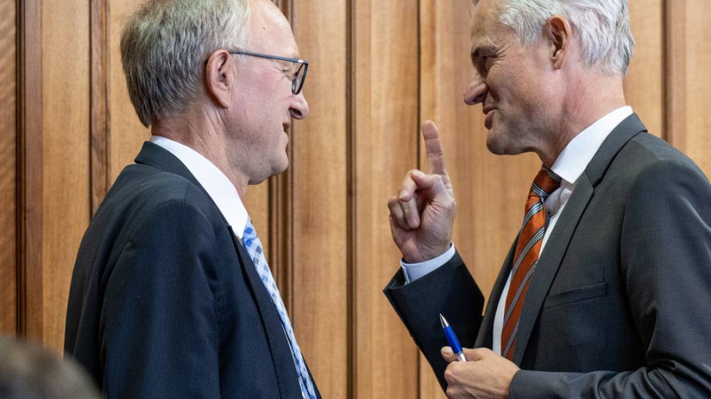Die Ständeräte Peter Hegglin (Mitte) links, und Matthias Michel (FDP) sind wiedergewählt worden. (KEYSTONE/Peter Schneider)