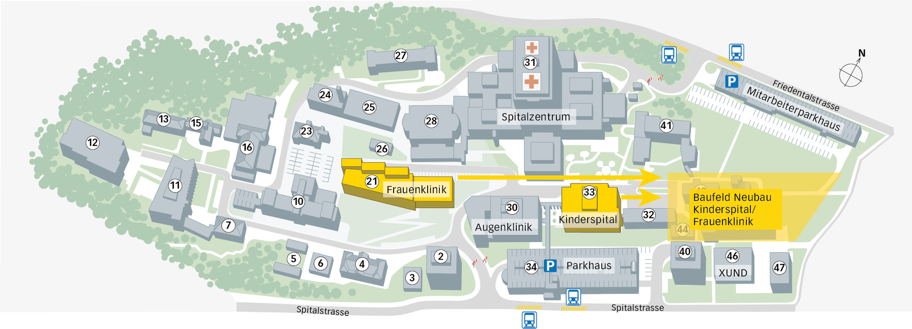 Situationsplan: Der geplante Standorte des Kinderspitals und der Frauenklinik
