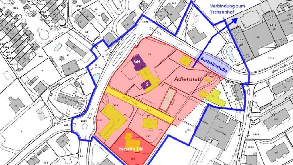 Auf der rot schraffierten Fläche sollen neue Bauten dem Dorf Buchrain ein neues Zentrum geben.