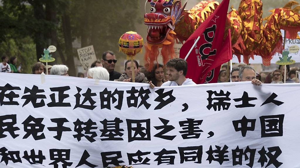 In Anspielung auf die Übernahme von Syngenta durch ChemChina tragen Demonstranten am «March against Monsanto & Syngenta» in Basel einen chinesischen Drachen.
