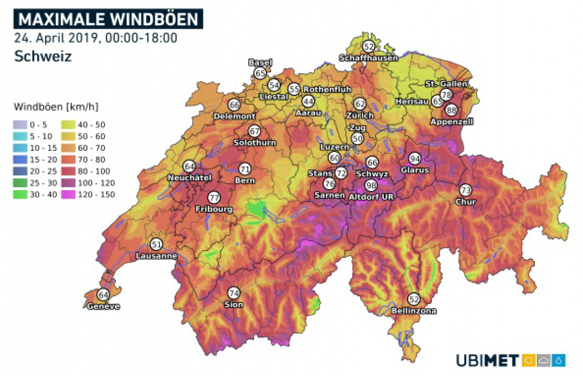 Der Föhnsturm bringt starke Windböen in die Ostschweiz. (Bild: Meteonews)