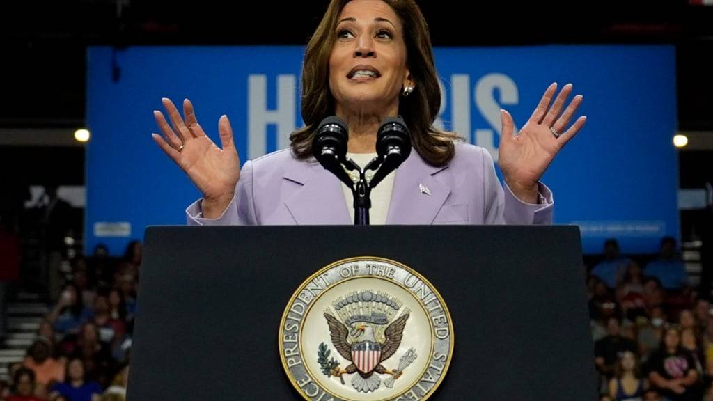 Die demokratische US-Präsidentschaftskandidatin Kamala Harris spricht bei einer Wahlkampfveranstaltung in Las Vegas. Foto: Julia Nikhinson/AP/dpa