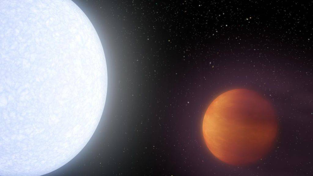 Der Stern Kelt-9 im Sternbild Schwan ist rund doppelt so heiss wie die Sonne und wird vom Planet Kelt-9b sehr eng umkreist. Deshalb herrschen dort rund 4000 Grad Celsius. (Illustration)
