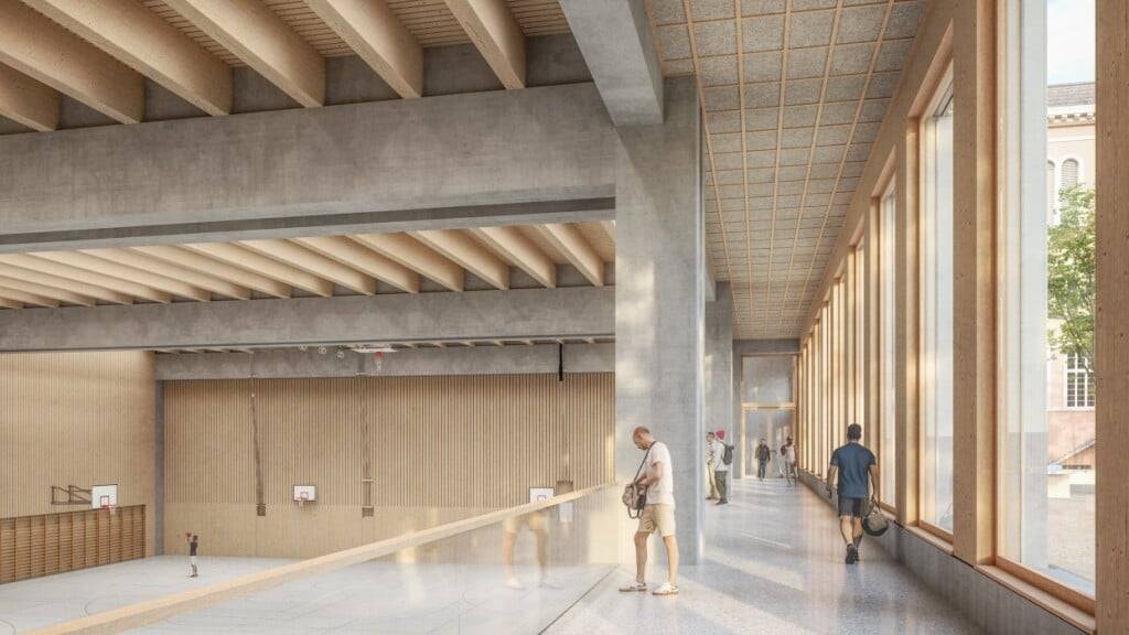 Blick in die Zukunft: Die Visualisierung zeigt, wie die neue Dreifachsporthalle am Kollegi dereinst aussehen soll.