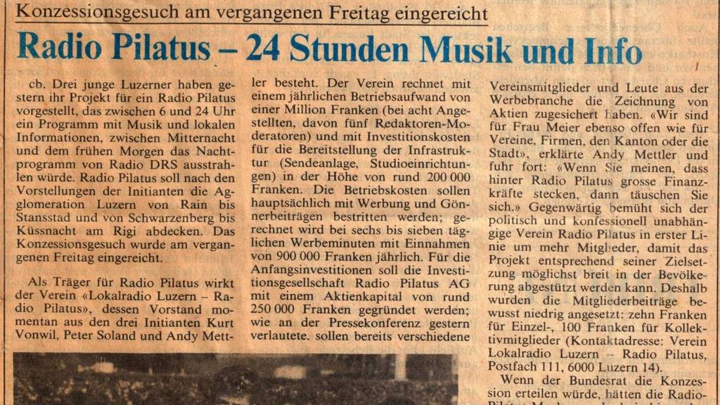 Zeitungsartikel zur Konzessionseingabe von Radio Pilatus