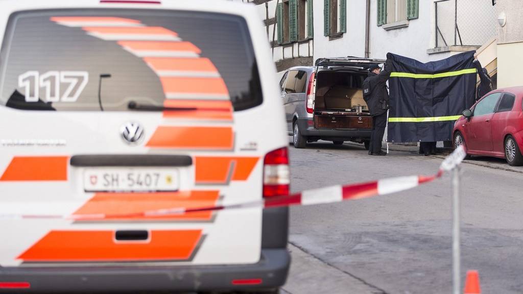 Polizisten laden nach dem Tötungsdelikt in Hemmental einen Sarg in ein Auto.