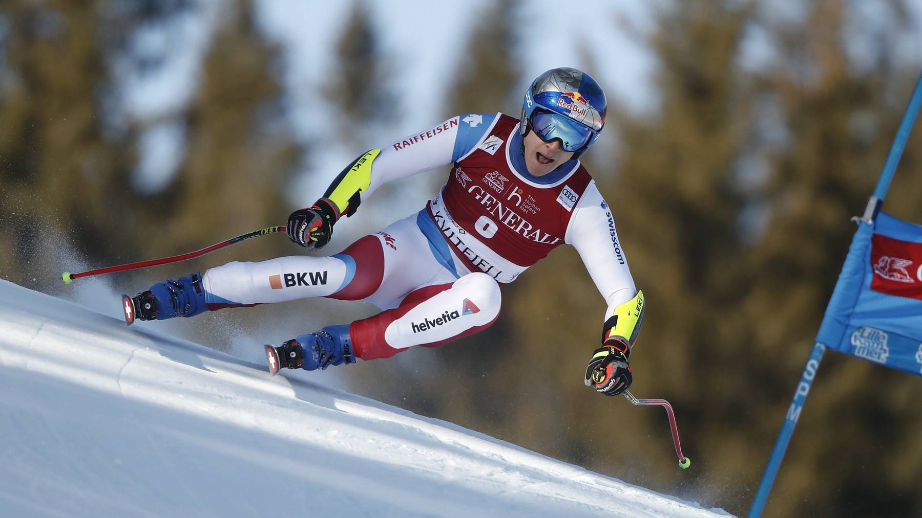 Switzerland's Marco Odermatt speeds down the course during an alpine ski, men's World Cup super-G in Kvitfjell, Norway, Sunday March 6, 2022.