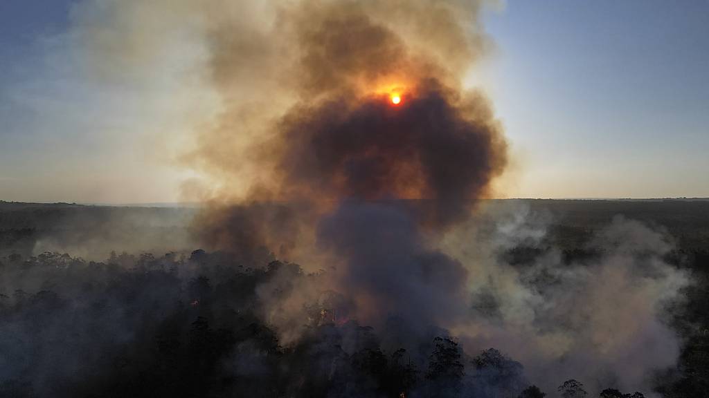 ARCHIV - Rauch steigt von mehreren Bränden auf, die sich mitten in der Trockenzeit im Brasilia National Forest ausbreiten. ) Foto: Eraldo Peres/AP/dpa