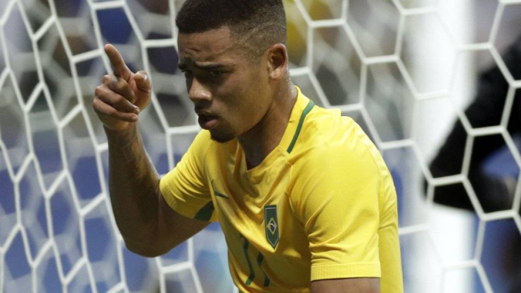 Gold nach wie vor im Blick: Brasiliens Gabriel Jesus jubelt über sein 2:0 gegen Dänemark