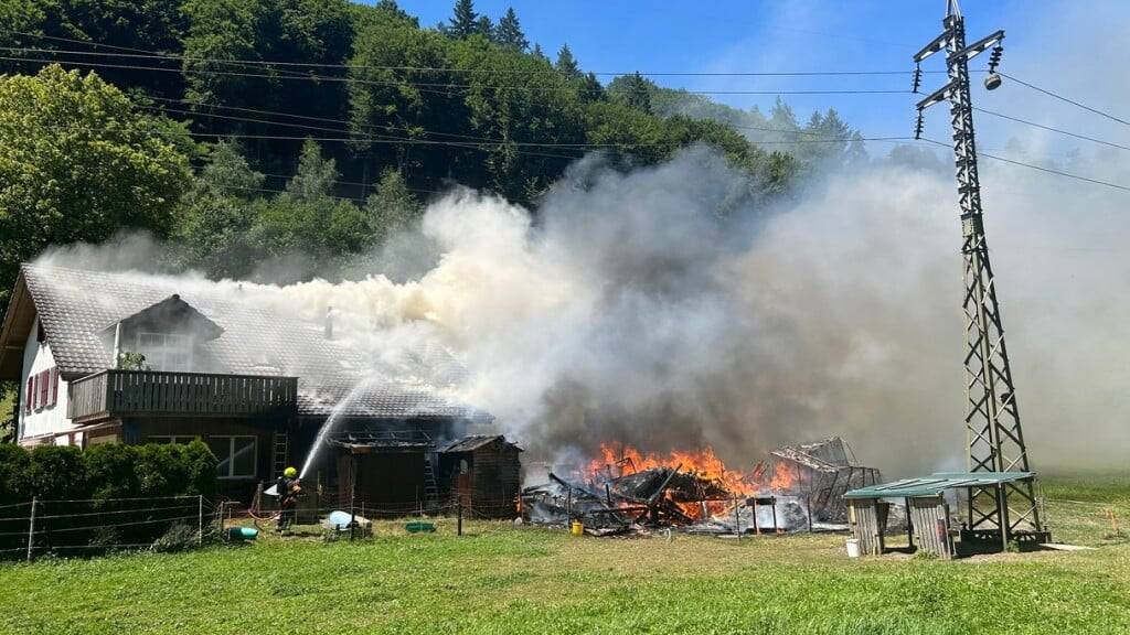 Aus Sicherheitsgründen wurde während des Löschens die Stromleitung in der Nähe des brennenden Hauses abgeschaltet.