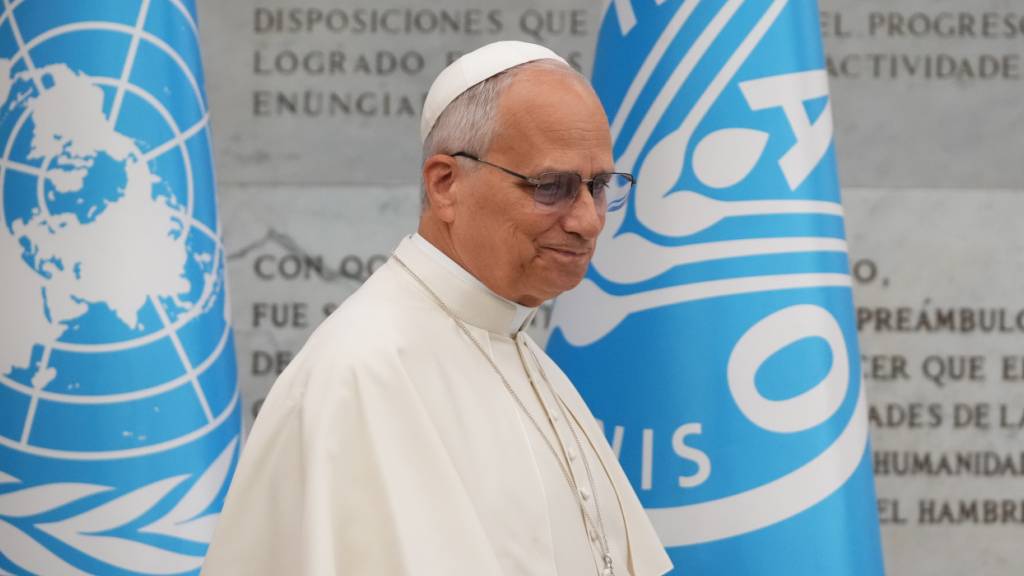 Papst Leo XIV. verlässt die Feierlichkeiten zum 80. Welternährungstag. Foto: Alessandra Tarantino/AP/dpa