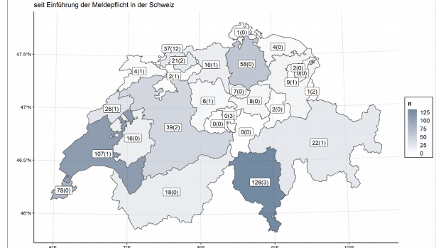 Die Zahlen der Coronavirus Erkrankten in der Schweiz. In Klammern die Anzahl Fälle mit erstem positivem Resultat, Bestätigung ausstehend. (Stand 11.03.2020)