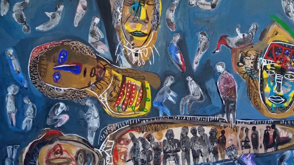«Le poids de responsabilités» des Kameruners Hako Hanson an der Africa Basel: Das Bild ist ein Beispiel dafür, wie das gesellschaftliche Leben auf dem afrikanischen Kontinent thematisiert wird.