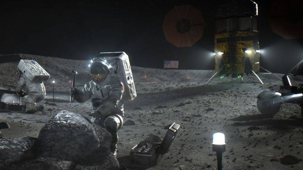 Nasa-Illustration der Mondlande-Mission von 2024. Das Landefahrzeug (rechts) wollen Elon Musks Firma SpaceX und Blue Origin des Amazon-Gründers Jeff Bezos bauen. Boeing ist dagegen aus der Ausschreibung ausgeschieden. (Nasa)