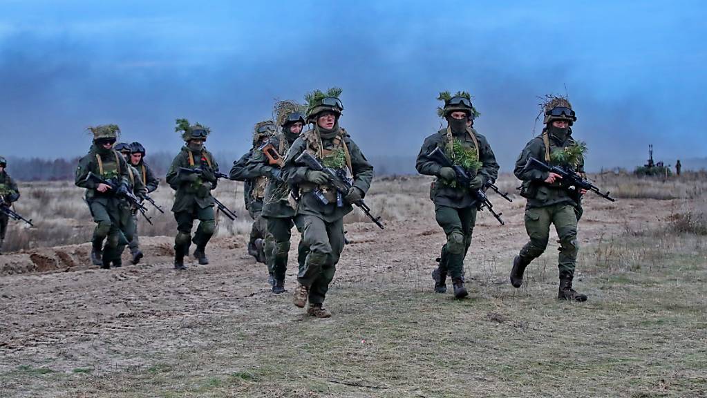 Bewaffnete und getarnte ukrainische Soldaten durchqueren ein Feld bei Stare.