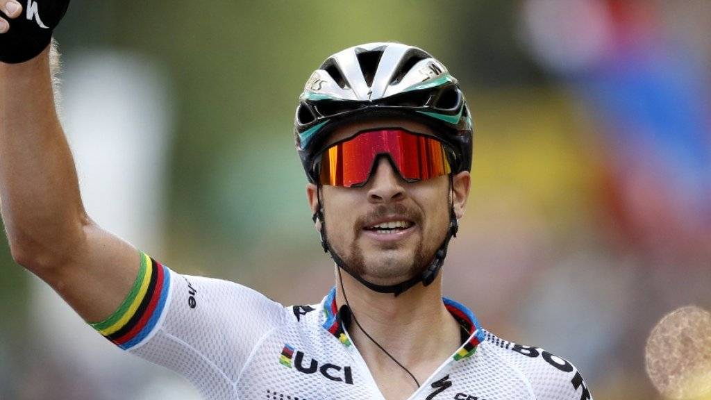 Der slowakische Strassenweltmeister Peter Sagan freut sich über seinen Etappenerfolg in Longwy