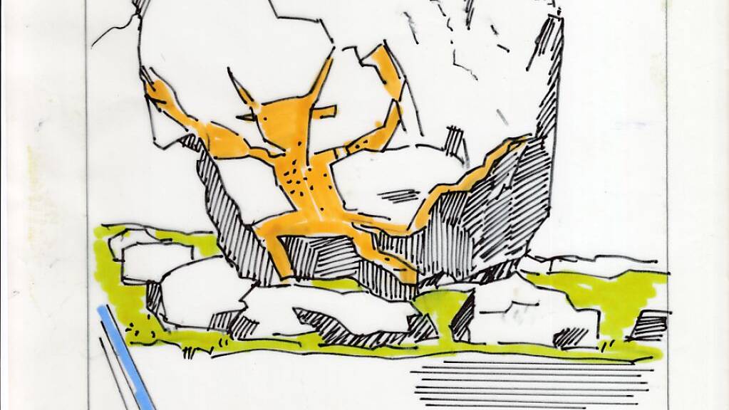 Der Urner Künstler Franz Fedier (1922-2005) hatte bereits 1970 die Idee, dass Luzifer den Teufelsstein in Göschenen zieren sollte. Doch seine Skizze verschwand im Staatsarchiv Uri; umgesetzt wird das Projekt erst jetzt zu Fediers 100. Geburtstag.