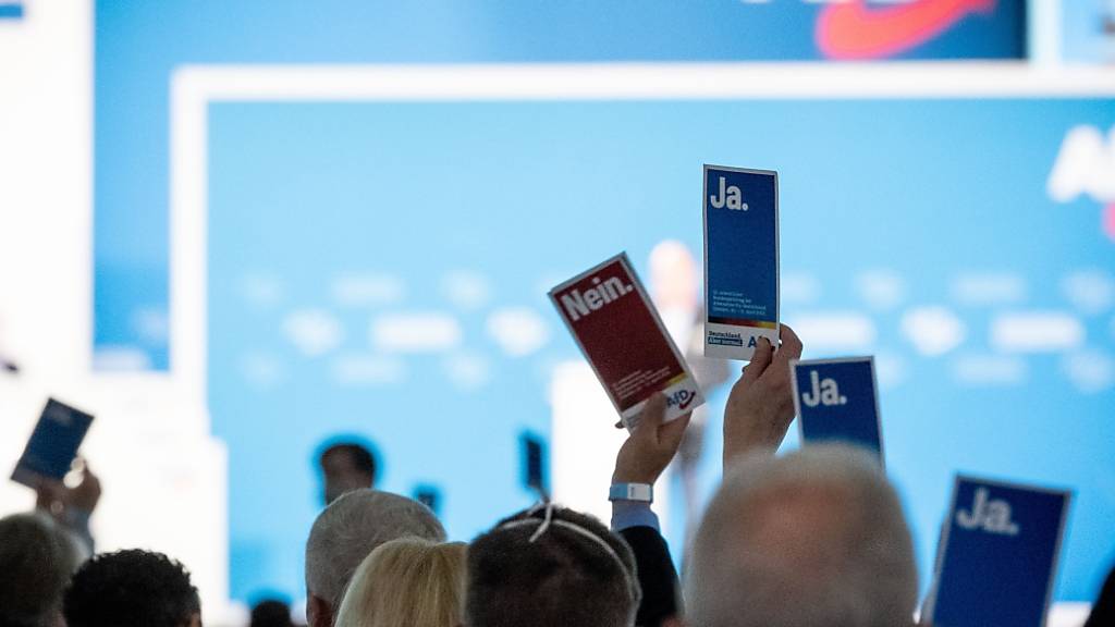 Delegierte heben in der Dresdener Messehalle beim Bundesparteitag der AfD ihre Stimmkarten. Foto: Kay Nietfeld/dpa