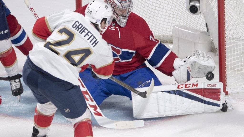 Montreal-Keeper Carey Price pariert den Schuss von Floridas Seth Griffith - die erste Heimniederlage der Canadiens kann er aber auch nicht verhindern