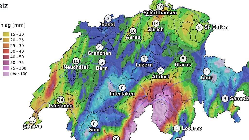 Die heftigen Gewitter seit Samstag haben dem Wallis und dem Tessin Rekord-Regenmengen gebracht. Im Maggiatal werden nach einem Erdrutsch mehrere Personen vermisst.