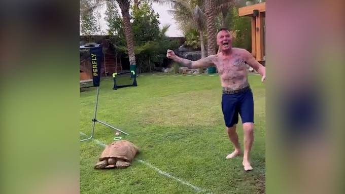Deutscher Prinz Marcus von Anhalt knallt Fussball gegen Schildkröte