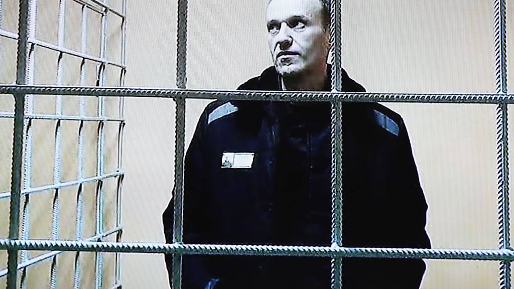 ARCHIV - Der russische Oppositionspolitiker Alexej Nawalny wurde während der Gerichtsverhandlung per Video aus einem Gefängnis zugeschaltet. (Archivbild) Foto: Evgeny Feldman/Meduza/AP/dpa