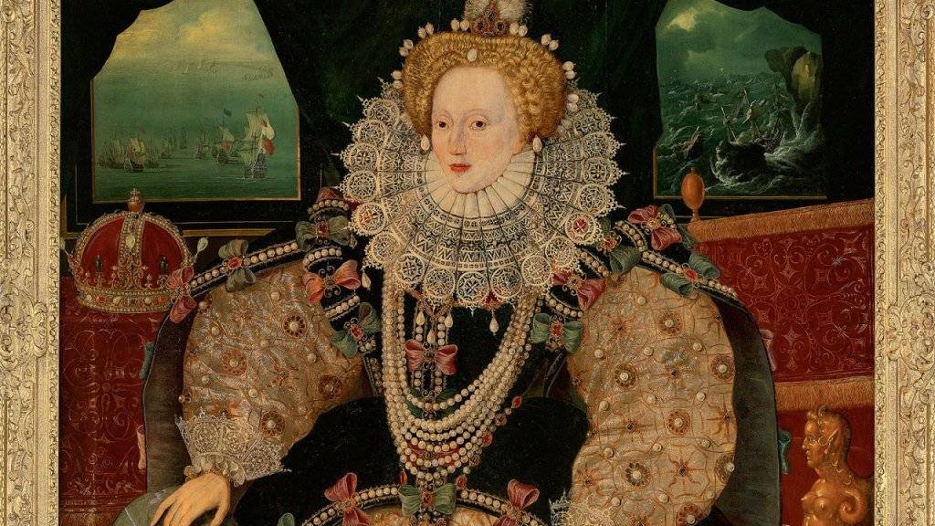 Das Porträt zeigt die englische Königin Elizabeth I. vor dem Hintergrund des Untergangs der spanischen Armada.