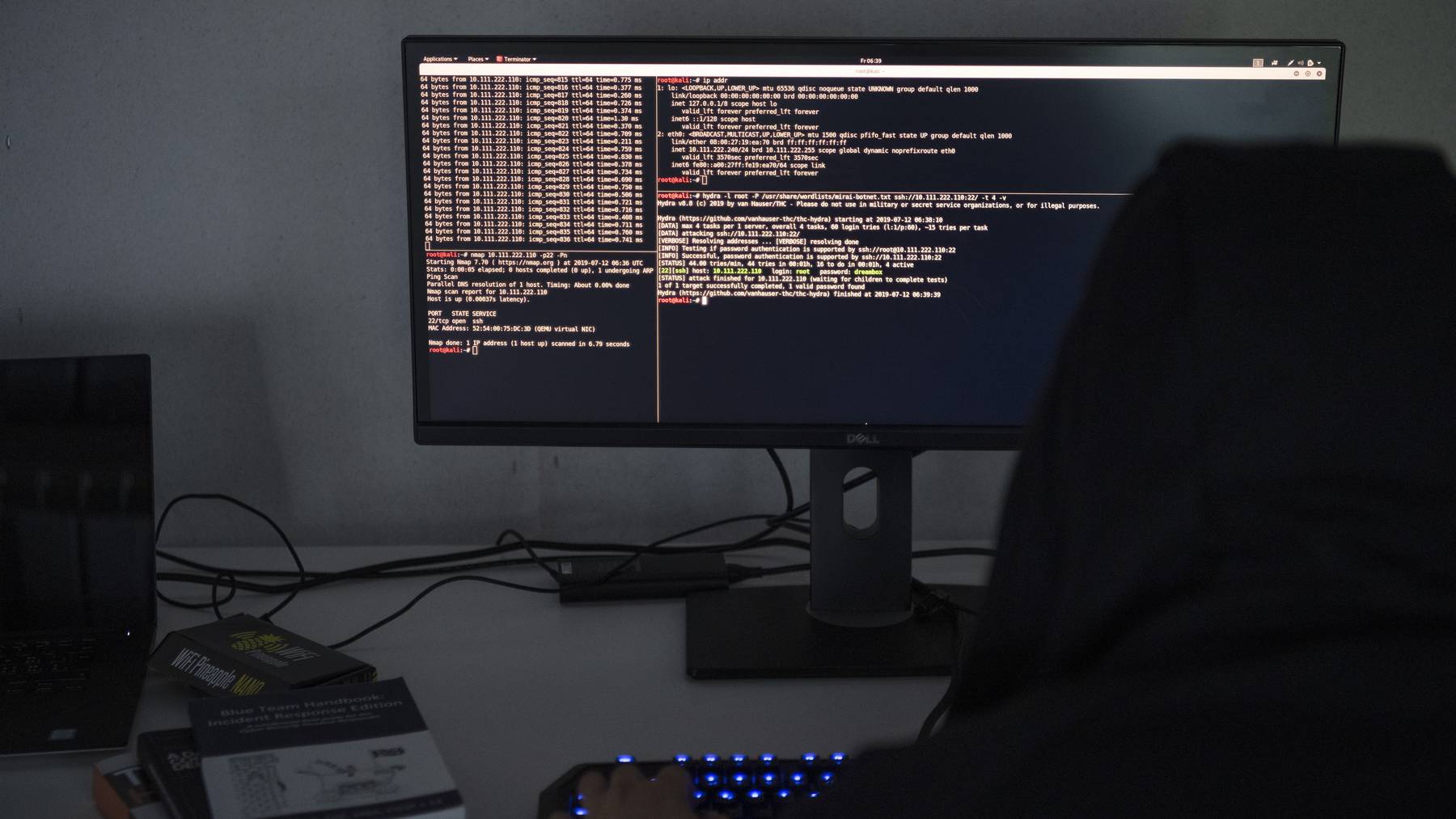 A hacker's computer screen shows «Hydra», a network logon cracker (password cracking tool), photographed on July 12, 2019. / Hacker / Cyberkriminelle