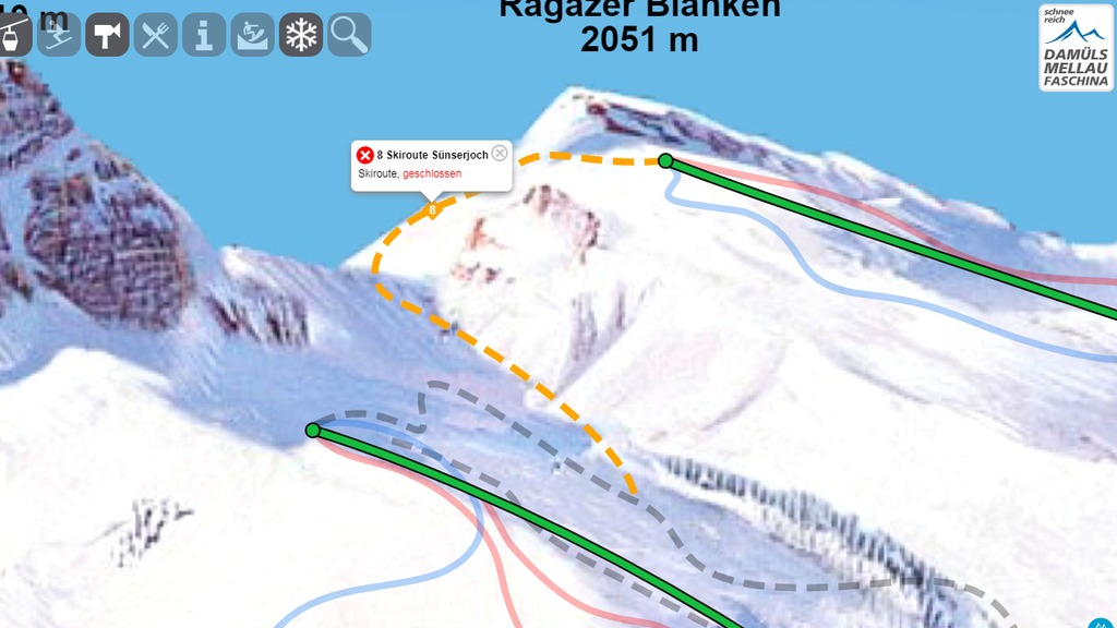 Die Route wird zwar als geschlossen gekennzeichnet, ist aber klar ersichtlich auf dem Pistenplan. (Bild: Screenshot/ Website der Bergbahnen Mellau-Damüls)