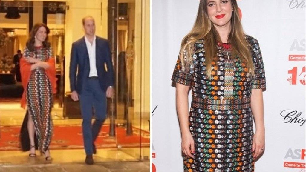 Welcher steht es besser? Drew Barrymore (r) und Herzogin Kate (ganz links) haben am Donnerstag im Ausgang dieselbe bestickte Tüll-Robe von Tory Burch angehabt. (Kensington Palace/Keystone)