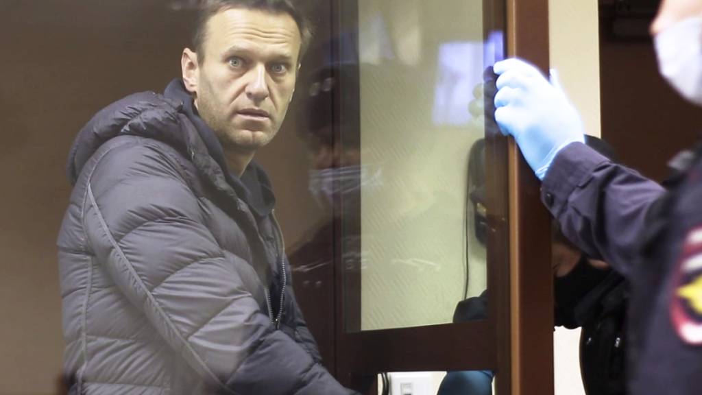HANDOUT - In diesem Auszug aus einem vom Bezirksgericht Babuskinsky zur Verfügung gestellten Video steht der russische Oppositionsführer Alexej Nawalny während einer Anhörung im Bezirksgericht Babuskinsky in Moskau in einem Glaskasten. Foto: -/Babuskinsky District Court/AP/dpa