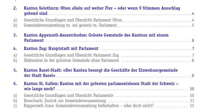 Ein Ausschnitt aus dem Inhaltsverzeichnis von «Das Schweizer Parlamentslexikon».