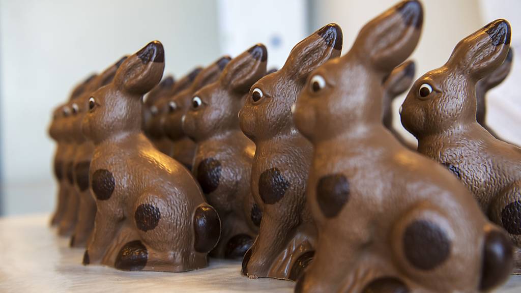 Eine Gruppe Schoko-Osterhasen wartet darauf, verpackt zu werden. Obwohl der Salmonellen-Skandal beim italienischen Schokoladenhersteller Ferrero kürzlich für einen medialen Aufschrei sorgte, kaufen die Menschen munter weiter Schoggi. (Archivbild)