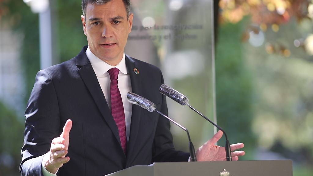 Pedro Sánchez, Ministerpräsident von Spanien,  hält bei der Unterzeichnung des Paktes für die Wiederbelebung der Wirtschaft eine Rede. Foto: Eduardo Parra/EUROPA PRESS/dpa