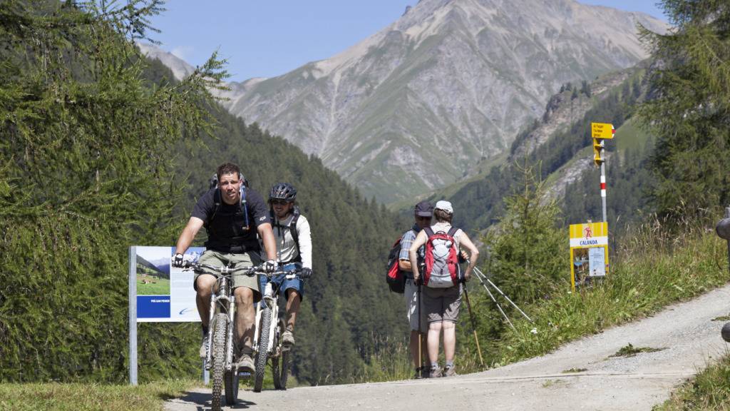 Kommen im Grossen und Ganzen gut aneinander vorbei: Biker und Wanderer unterwegs im Val Sinestra oberhalb Sent im Unterengadin. (Archivbild)