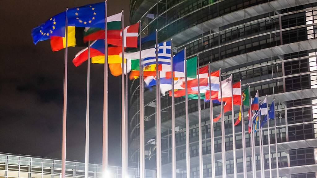 ARCHIV - Die Flaggen der europäischen Mitgliedsstaaten wehen vor dem Gebäude des Europäischen Parlaments. Foto: Philipp von Ditfurth/dpa