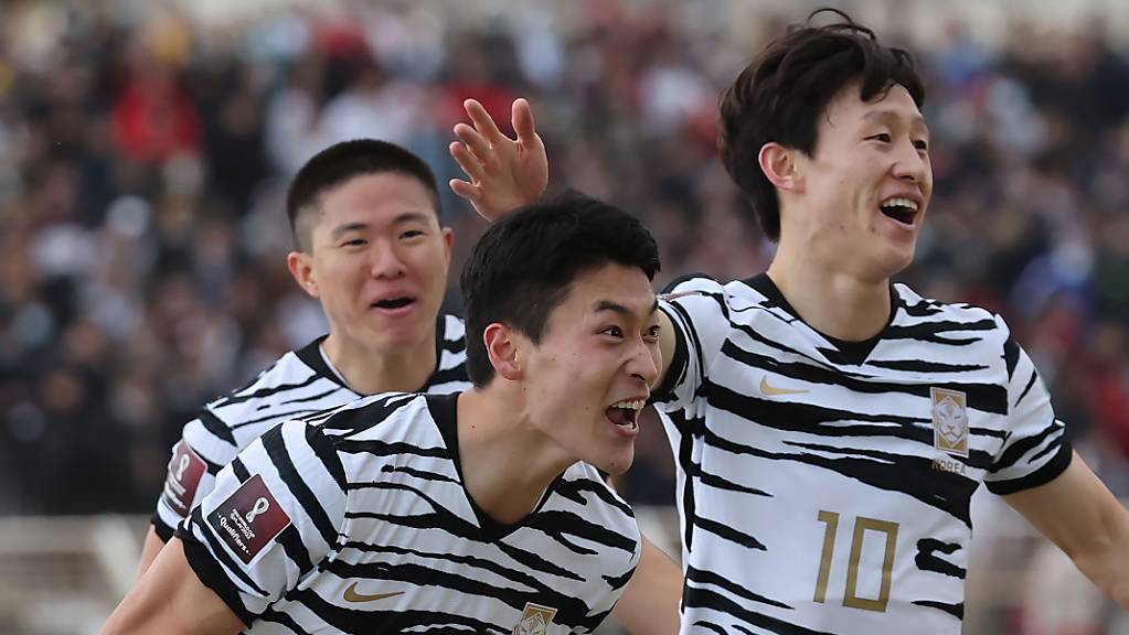 Südkoreas Fussballer freuen sich über die geschaffte WM-Qualifikation.