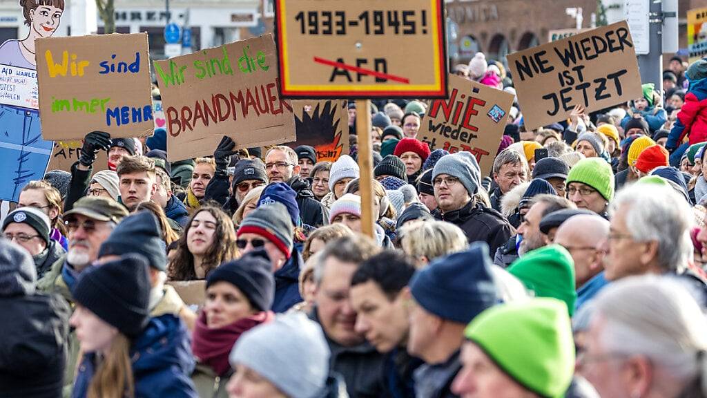 «Nie wieder 1933-1945», «Wir sind die Brandmauer» und «Nie wieder ist jetzt» steht auf Plakaten von Teilnehmern auf der Kundgebung gegen Rechtsextremismus auf dem Platz vor der Stadthalle in Cottbus. Foto: Frank Hammerschmidt/dpa