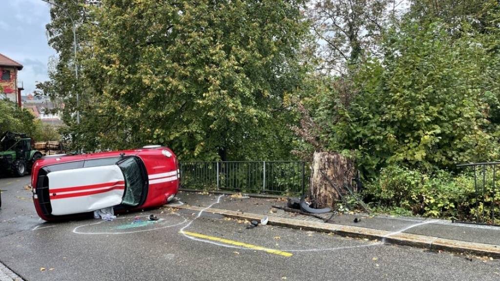 Das Auto blieb schliesslich auf der rechten Fahrzeugseite liegen.