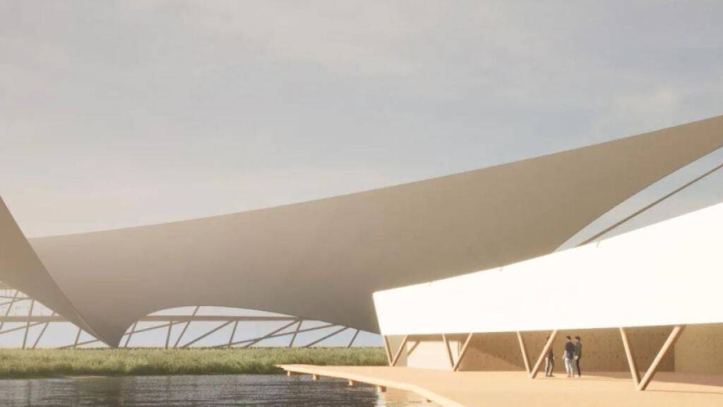 Im Vordergrund das geplante Restaurant auf einem Weiher, dahinter wird der Phänomena-Hauptbau erstellt.