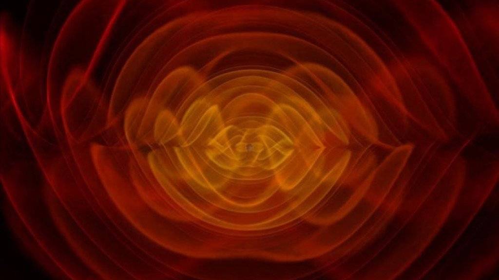 Computersimulation der Gravitationswellen, die beim Verschmelzen zweier Schwarzer Löcher entstehen würden.