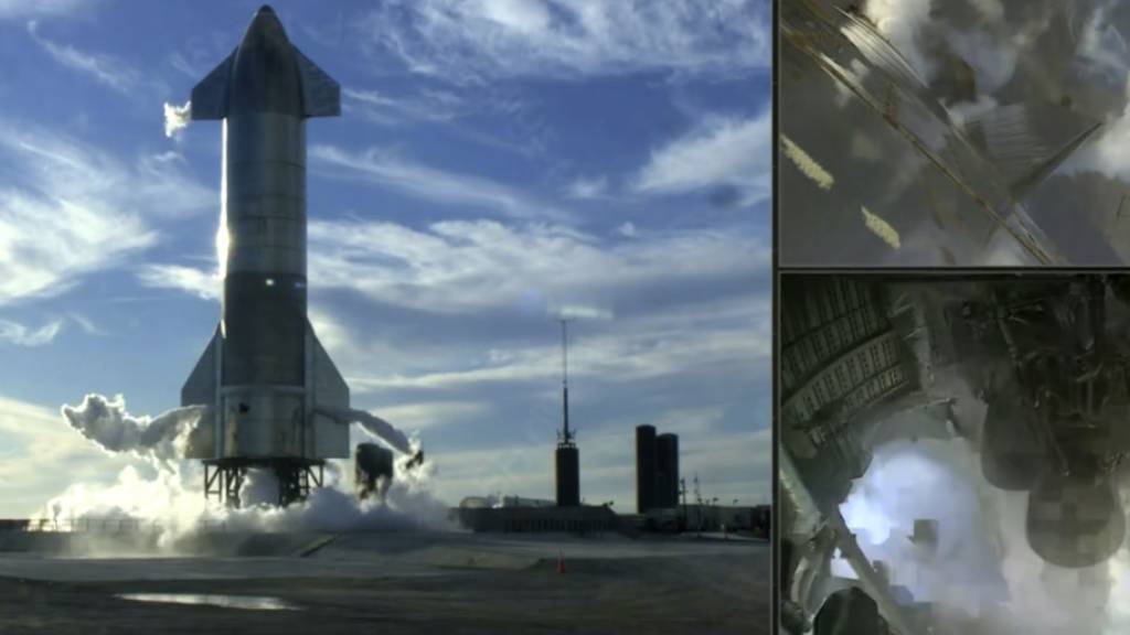 HANDOUT - Dieses Videostandbild, das auf der Twitter-Seite von SpaceX gepostet wurde, zeigt die Rakete «Starship» der Raumfahrt-Firma SpaceX kurz nach dem Abbruch eines Tests. Nur 1,3 Sekunden vor dem Start hat ein Problem mit dem Triebwerk zum Abbruch eines Tests der neuen Rakete geführt. Foto: Uncredited/SpaceX/AP/dpa - ACHTUNG: Nur zur redaktionellen Verwendung im Zusammenhang mit der aktuellen Berichterstattung und nur mit vollständiger Nennung des vorstehenden Credits