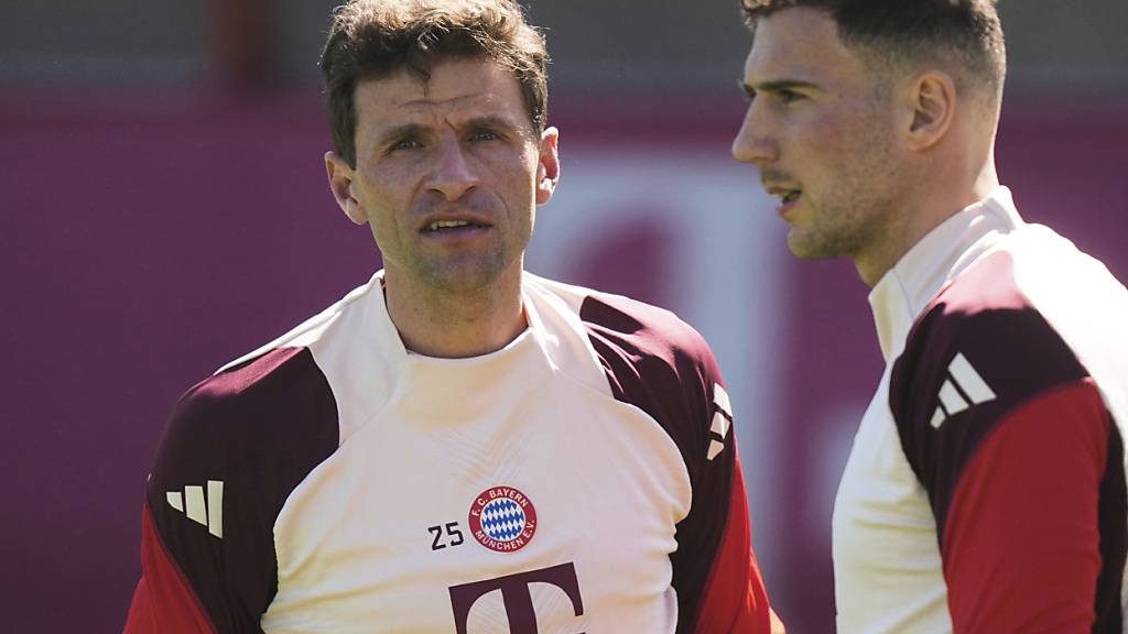 Thomas Müller (links) im Abschlusstraining vor dem Champions-League-Viertelfinal gegen Inter Mailand