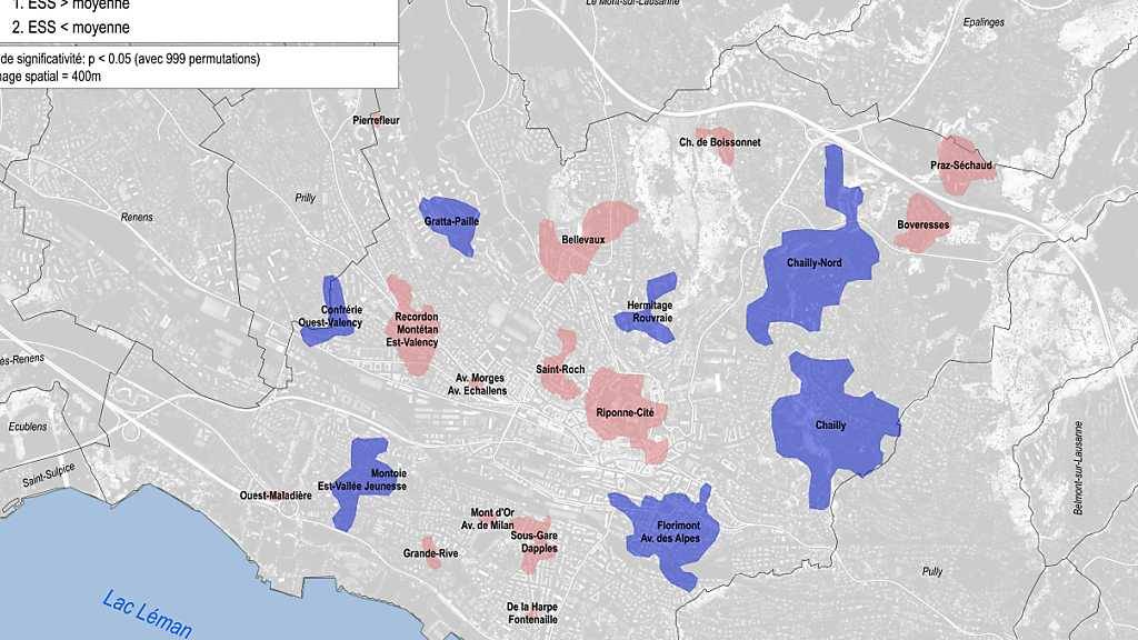 In Lausanne kann es nachts ganz schön laut sein. Die Lärm-Hotspots sind rot markiert. Dort klagen die Bewohner auch über mehr Schläfrigkeit tagsüber. In den blauen Zonen liegt die Schläfrigkeit tief.