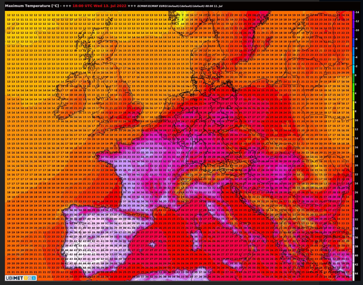 Höchsttemperaturen in Europa am Mittwoch, 13. Juli 2022. Auf der Iberischen Halbinsel verbreitet über 40 Grad!