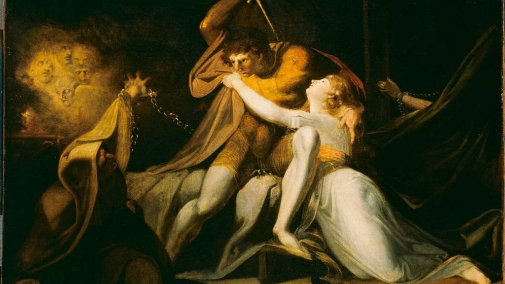Dramatisch ausgeleuchtete Szenen sind typisch für Füssli, wie hier beim Ölgemälde «Parzival befreit Belisane aus der Umarmung durch Urma» von 1783.
