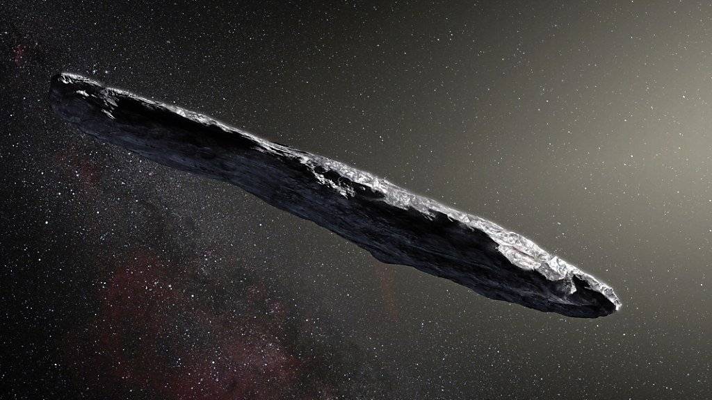 Eine Visualisierung des Asteroiden «Oumuamua», der aus einem fremden Sonnensystem stammt. Forscher haben mit der Belauschung des Himmelskörpers begonnen. (Archiv)