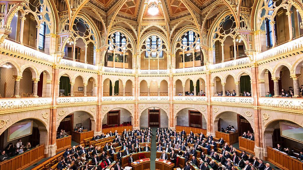 Der ungarische Ministerpräsident Viktor Orban (M) spricht während der Parlamentssitzung vor der Abstimmung über die Ratifizierung der schwedischen NATO-Mitgliedschaft. Foto: Marton Monus/dpa