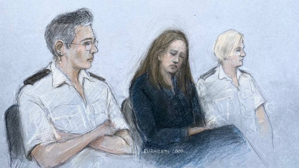 Diese bisher unveröffentlichte Gerichtszeichnung vom 10.08.23 zeigt eine Krankenschwester (M) während des Prozesses am Manchester Crown Court zuhört. Wegen des Mordes an sieben Babys ist eine Krankenschwester in Großbritannien schuldig gesprochen worden. Foto: Elizabeth Cook/PA Wire/dpa