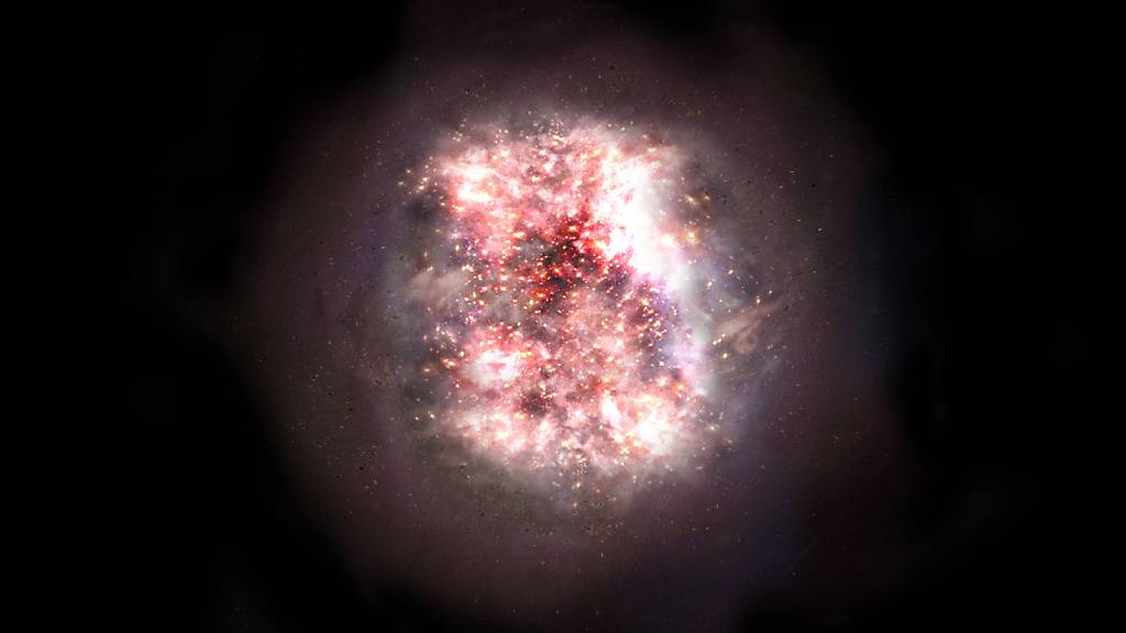 Eine künstlerische Darstellung einer in Staub gehüllter Galaxie: Mit Beobachtungsdaten des Alma-Obervatoriums konnten Astronomen zwei solcher bislang unsichtbaren Galaxien nachweisen. (Pressebild)